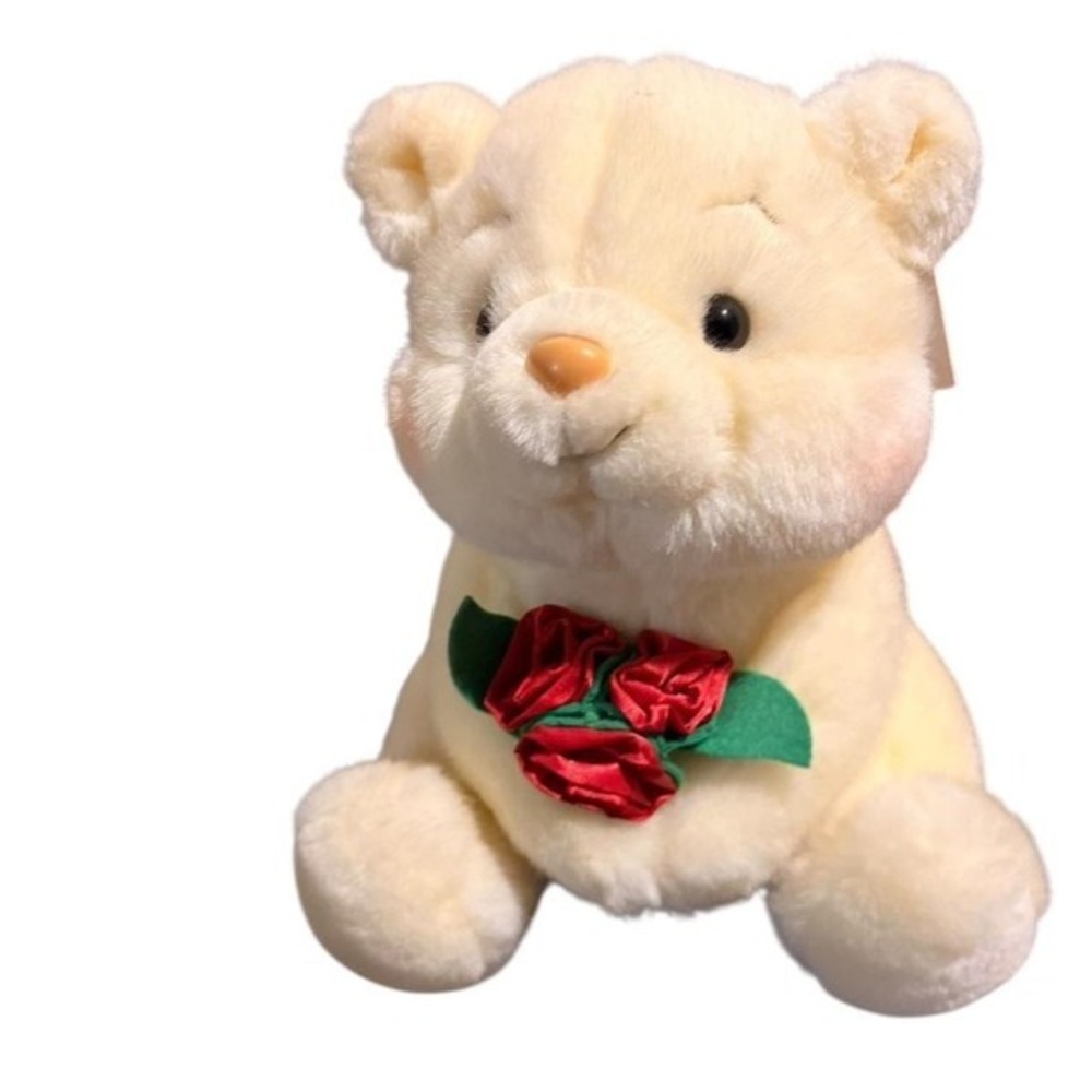 1990s 12" white teddy bear with red roses teddybear
